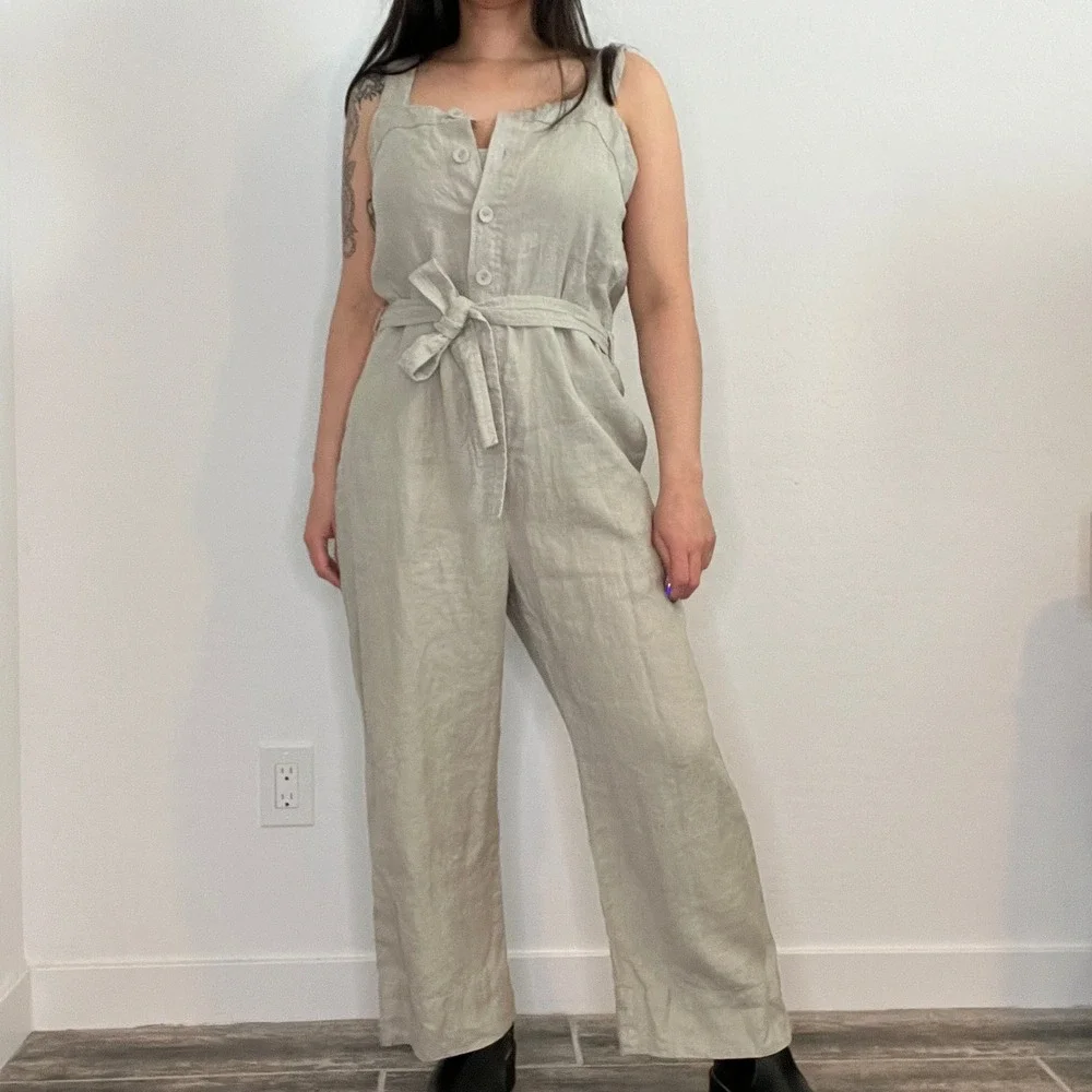 Everlane Linen Jumpsuit Women Size 6 Sage Green Button Front Tie Waist Wide Leg
